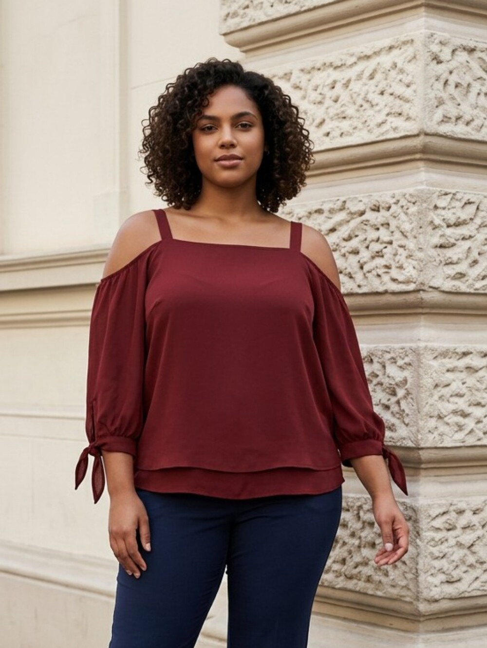 Cato 18/20 Burgundy Chiffon Blouse Off Shoulder Bow Tie Sleeve Women's Plus Top